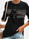 Vintage Cat Print O-neck Long Sleeve Plus Size T-shirt - Black
