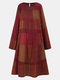 Casual Plaid Print O-neck Long Sleeve Plus Size Dress for Women - Orange Red