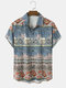 Mens Vintage Ethnic Pattern Button Up Short Sleeve Shirts - Blue
