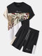 Mens Tropical Plant Print Color Block Patchwork Knit Two Pieces Outfits - Black
