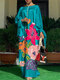 Plus Size Women Floral Print Crew Neck Satin Loose Maxi Dress - Green
