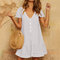 Solid Color Lace V-neck Button Hollow Stitching Short-sleeved Dress - White