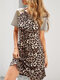 Leopard Print Sequins O-neck Short Sleeve Casual Dress - Brown