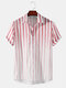 Mens Ombre Striped Lapel Button Up High-Low Hem Shirt - Pink