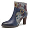SOCOFY Elegant Flowers Printed Splicing Cowhide Leather Buckle Decor High Heel Short Boots - Blue
