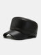 Men PU Plus Velvet Solid Color Built-in Ear Protection Windproof Cold Protection Military Cap Flat Cap - Coffee