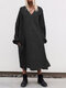 Solid Color V-neck Long Sleeve Pullover Midi Dress - Black