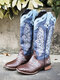 Large Size Women Colorblock Splicing Comfy Wearable Mid-calf Cowboy Boots - Blue