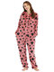 Plus Size Flannels Hooded Onesie Hearts Print Front Zipper Warm Women Pajamas - Red
