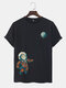 Mens Cartoon Astronaut Cat Print Crew Neck Short Sleeve T-Shirts - Black