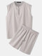 Mens 100% Cotton Gray Loungewear Deep Neck Tank Top & Drawstring Shorts Pajama Sets - Gray