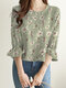 Allover Floral Print Ruffle Sleeve Crew Neck Blouse - Green
