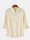 Mens Solid Color Cotton Linen Casual Long Sleeve Split Hem Henley Shirts - Beige