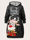 Plus Size Christmas Cartoon Pattern Pocket Hooded Print Dress - Black