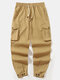 Mens Solid Color Button Cuff Loose Drawstring Cargo Pants - Khaki