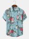 Camisas masculinas de manga curta com estampa de flores Planta lapela algodão férias - azul