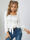 Solid Tie Square Collar Long Sleeve Blouse For Women - White