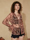 Zebra Pattern See Through Front Knotted Long Sleeve Blouse - Brown
