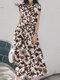 Flower Print Button Front V-neck Casual Dress With Belt - Coffee