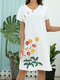 Flower Embroidery V-neck Button Short Sleeve Dress For Women - White