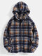 Mens Zip Front Plaid Back Patched Teddy Hooded Jacket With Pocket - Navy