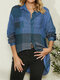 Vintage Plaid Long Sleeve Lapel Collar Asymmetrical Blouse For Women - Blue