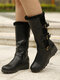 Women Plush Lining Buckle Decor Mid Calf Motorcycle Boots - Black