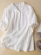 Lace Trim Solid Button Front V-neck Short Sleeve Blouse - White