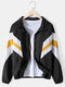 Mens Color Block Patchwork Cotton Zip Front Lapel Collar Relaxed Fit Jackets - Black