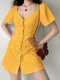 Allover Floral Print Button Front Short Sleeve Dress - Yellow