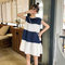 New Loose Sleeveless College Style Stitching Stripe Slim Dress - Blue