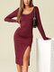 Leopard Patchwork Slit Hem Long Sleeve Sexy Dress For Women - Wine Red