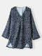 Splited Polka Dot Print Long Sleeve Casual Dress For Women - Blue