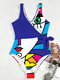 Women Figure Graffiti Knotted Sleeveless One Piece Swimwear - Blue