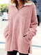 Solid Color Zipper Pocket Plush Long Sleeve Casual Coat for Women - Pink