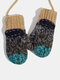 Unisex Mixed Color Knitted Plus Velvet Thickened Jacquard Color-match Button Patch Warmth Halter Mittens Gloves - Navy