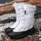 LOSTISY Women Winter Warm Plush Waterproof Cotton Lace Up Mid Calf Snow Boots - White