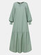 Women Ethnic Solid Color O-neck Long Sleeve Patchwork Maxi Dress - Green
