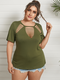Solid Color O-neck Cut Out Plus Size Sexy T-shirt for Women - Army Green