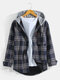 Mens Plus Velvet Plaid Casual Button Thick Hooded Shirts With Pocket - Blue