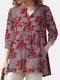 Casual Floral Print Lapel Collar Pocket Loose Women Blouse - Gray