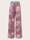 Plus Size Calico Pattern Patchwork Knotted Wide-leg Pants - Purple