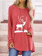 Elk Print Crewneck Plus Size Casual Blouse - Red
