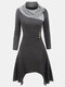 Asymmetrical Patchwork O-neck Long Sleeve Plus Size Button Dress - Grey