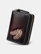 Women Genuine Leather Vintage Zipper Front Feather Embossing Wallet Multiple Card Slots Small Card Holder - Coffee