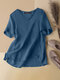 Женская однотонная хлопковая блузка с коротким рукавом и v-образным вырезом - синий