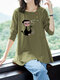 Button Cartoon Girl Print Long Sleeve Blouse For Women - Green