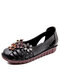 Plus Size Women Breathable Soft Comfy Genuine Leather Floral Embellished Hand Stitching Flat Shoes - Black