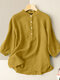 Solid Button Stand Collar 3/4 Sleeve Blouse For Women - Yellow