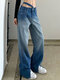 Bolso Tie Dye Cintura Alta Zíper Botão Frontal Calça Jeans Solto Jeans - azul